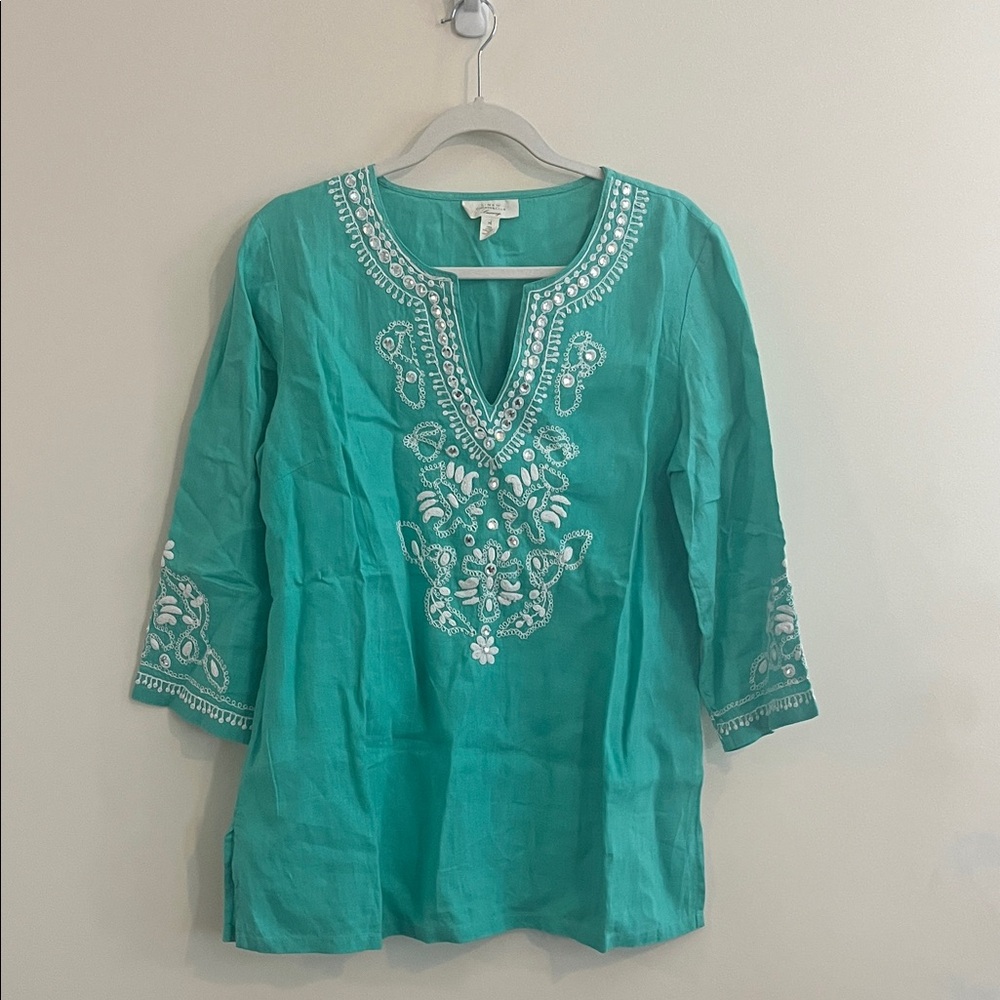 Charter Club Linen Resort Top Coverup Vacation Embroidered M Coastal Beach Bling